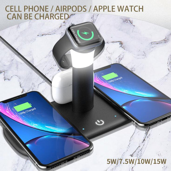 15W Qi Fast Wireless Charger For iPhone 12 11 XR X 8 Apple Watch 5 in 1 With Light Lamp Charging Dock Station Airpods Pro iWatch